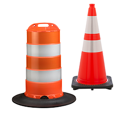 orange traffic barrel and traffic cone