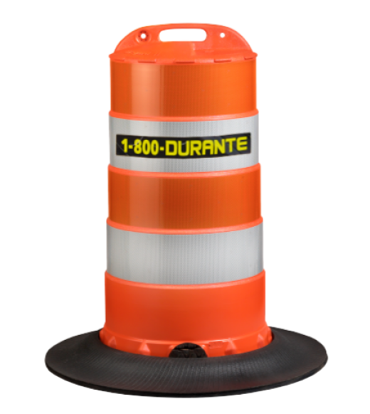 Orange and white reflective striped traffic barrel with rubber tire base