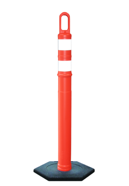 orange and white striped traffic delineator with rubber base