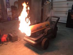 Torpedo kerosene heater on fire